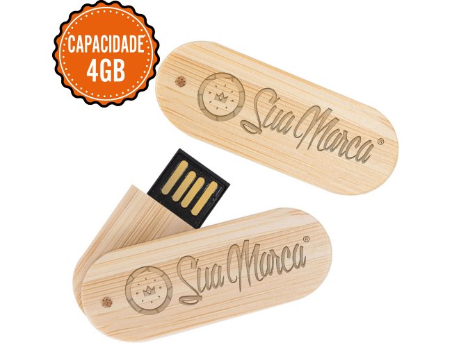 Pen Drive Giratrio Ecolgico Personalizado De Bambu Modelo PEQUENO Com Capacidade De 4GB