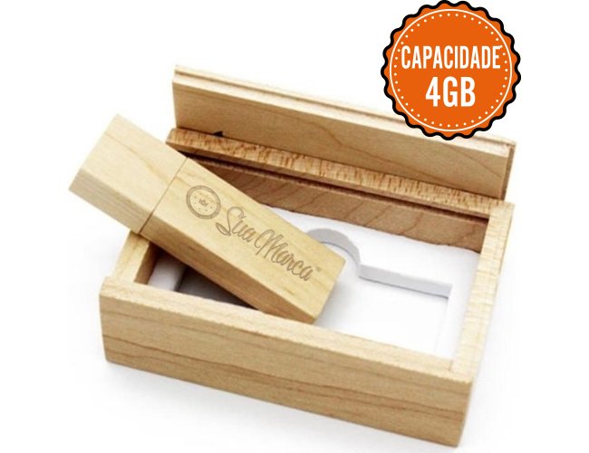 Kit Pen Drive Personalizado Retangular Com Estojo De Bambu E Capacidade De 4GB