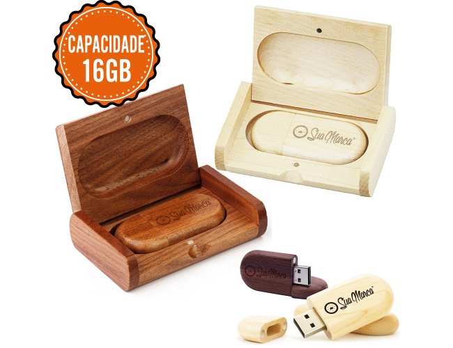 Kit Pen Drive Personalizado Oval Com Estojo De Bambu E Capacidade De 16GB