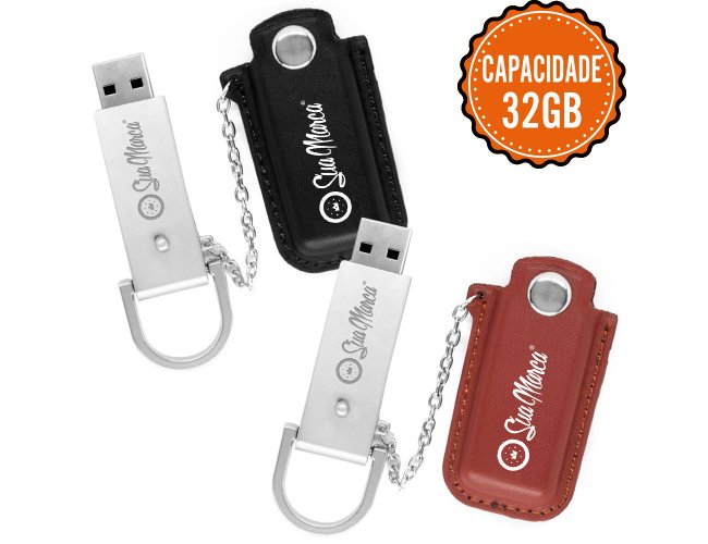 Pen Drives Personalizado De Metal Com Capinha Protetora De Couro Sinttico, Correntinha E Capacidade De 32GB