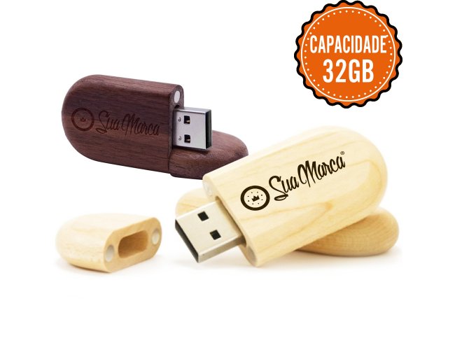 Pen Drive Ecolgico Oval Personalizado De Bambu E Madeira Com Tampa Fixada Por Im E Capacidade De 32GB