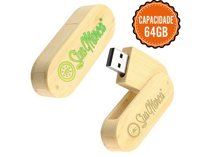 Pen Drive Giratrio Ecolgico Personalizado De Bambu Modelo GRANDE Com Capacidade De 64GB