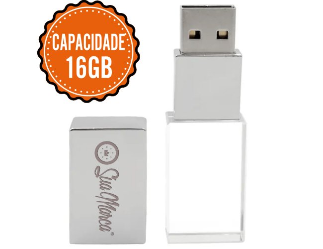 Pen Drive Personalizado Cristal De Vidro Com Tampa Prata De Metal E Capacidade De 16GB