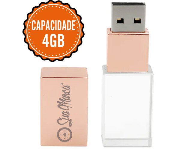 Pen Drive Personalizado Cristal De Vidro Com Tampa Rose De Metal E Capacidade De 4GB