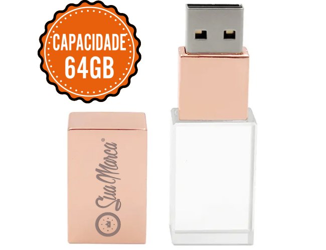 Pen Drive Personalizado Cristal De Vidro Com Tampa Rose De Metal E Capacidade De 64GB