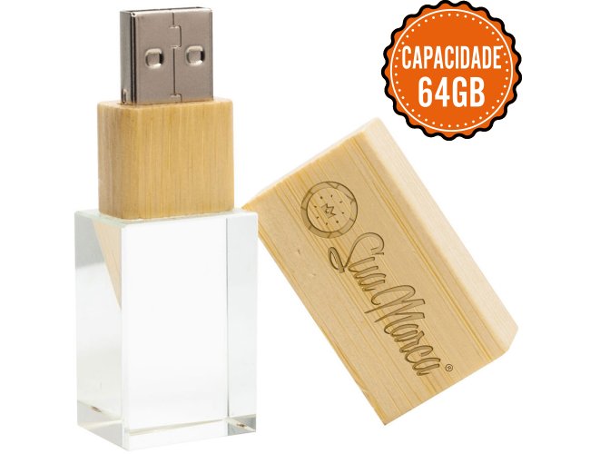 Pen Drive Ecolgico Personalizado Cristal Com Tampa De Bambu E Capacidade De 64GB