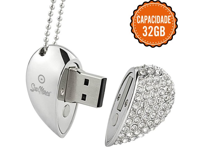 Pen Drive Personalizado De Metal Com Formato De Corao, Pedras Strass E Capacidade De 32GB