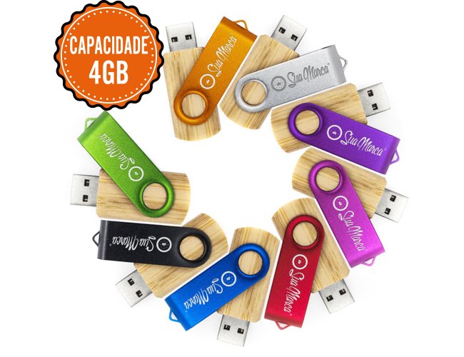 Pen Drive Giratrio Ecolgico Personalizado De Bambu E Metal COLORIDO Com Capacidade De 4GB