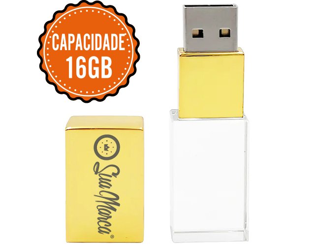 Pen Drive Personalizado Cristal De Vidro Com Tampa Dourada De Metal E Capacidade De 16GB